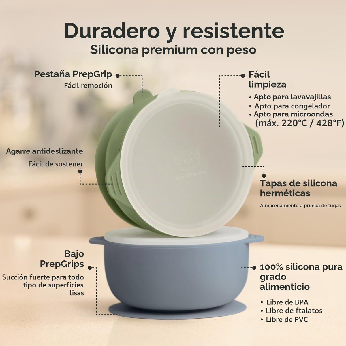 KeaBabies - Juego de 2 cuencos para bebé con succiones, tapas, cuencos de succión de silicona para bebés, niñas, niños, silicona de grado alimenticio, sin BPA, aptos para lavaplatos, esenciales para