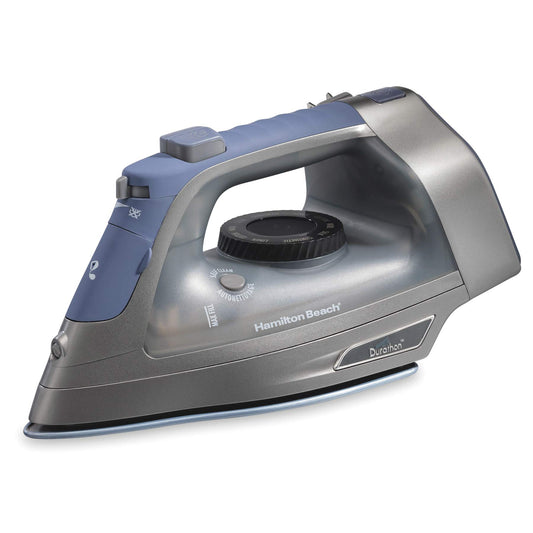 Hamilton Beach - Plancha de vapor y vapor vertical para ropa con suela Durathon resistente a los arañazos, cable retráctil de 8 pies, apagado automático de 3 vías, antigoteo, 1800 vatios, plata y azul