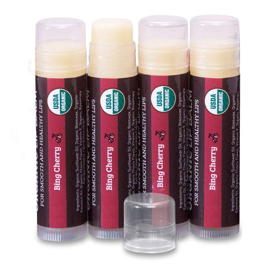 Bálsamo labial orgánico USDA de Earth's Daughter, paquete de 4 – sabor a cereza, cera de abejas, aceite de coco, vitamina E – mejor barra de reparación de labios para labios secos agrietados.