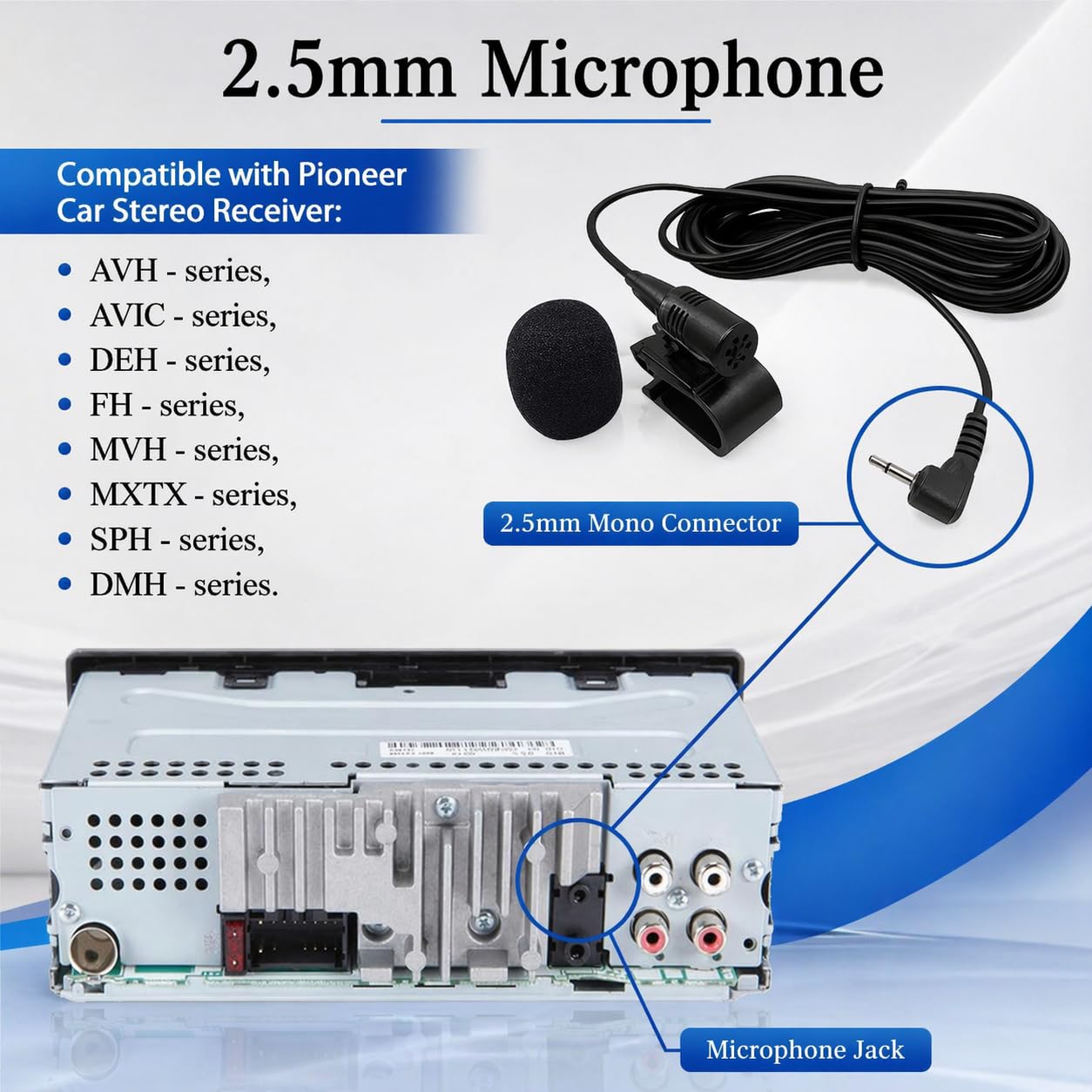 Micrófono externo de 2,5 mm compatible con Pioneer AVIC-Series AVIC-W8400NEX AVIC-W8500NEX AVIC- W8600NEX AVIC-X910BT - Cable de 9 pies para receptores de navegación con clip