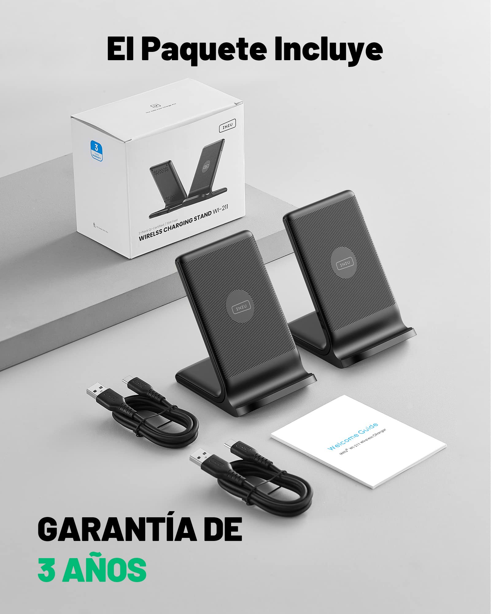 Cargador inalámbrico, INIU [Paquete de 2] 15W Qi Rápida Wireless Charger con Bobinas Dobles y Luz Adaptable para Dormir para iPhone 15 14 13 12 Pro Max X Samsung Galaxy S22 S21 Huawei Xiaomi Google LG