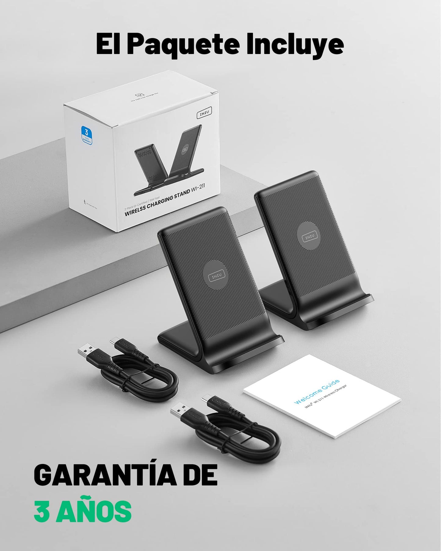 Cargador inalámbrico, INIU [Paquete de 2] 15W Qi Rápida Wireless Charger con Bobinas Dobles y Luz Adaptable para Dormir para iPhone 15 14 13 12 Pro Max X Samsung Galaxy S22 S21 Huawei Xiaomi Google LG