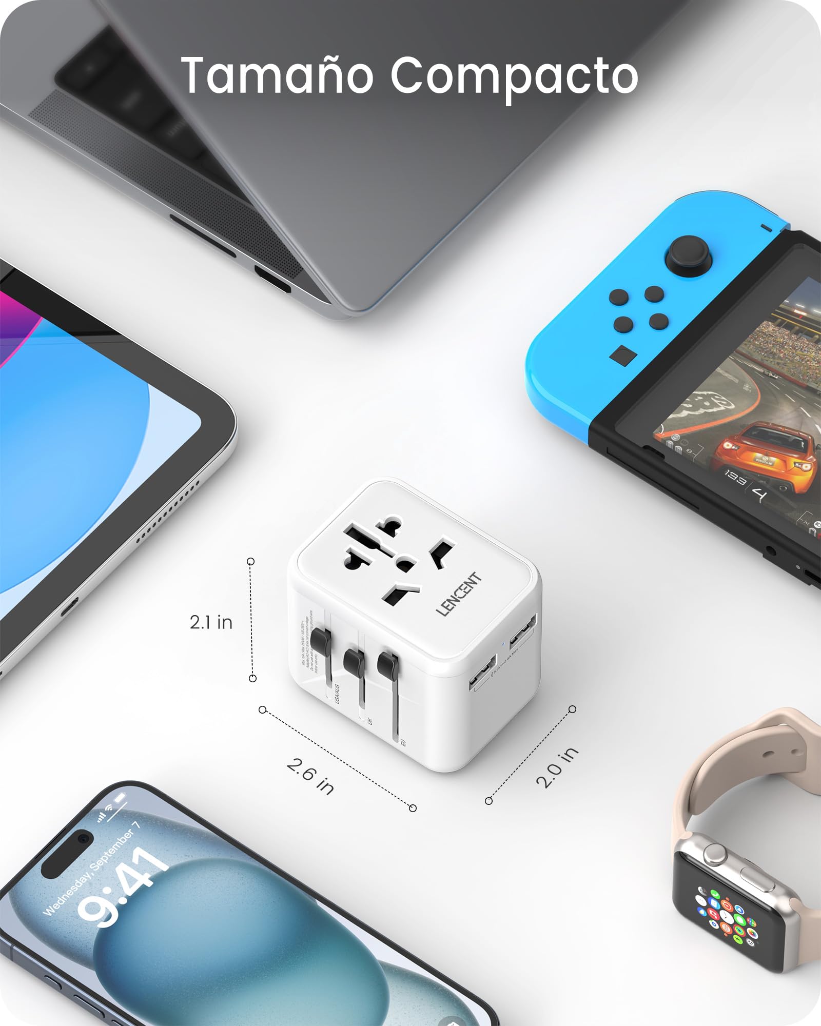 LENCENT Adaptador Enchufe Universal, Enchufe Internacional con 2 Puertos USB, Cargador de Viaje para Europa, Americano, Canadá, Reino Unido, Australia, Adaptador Viaje para Más de 200 Países, Blanco