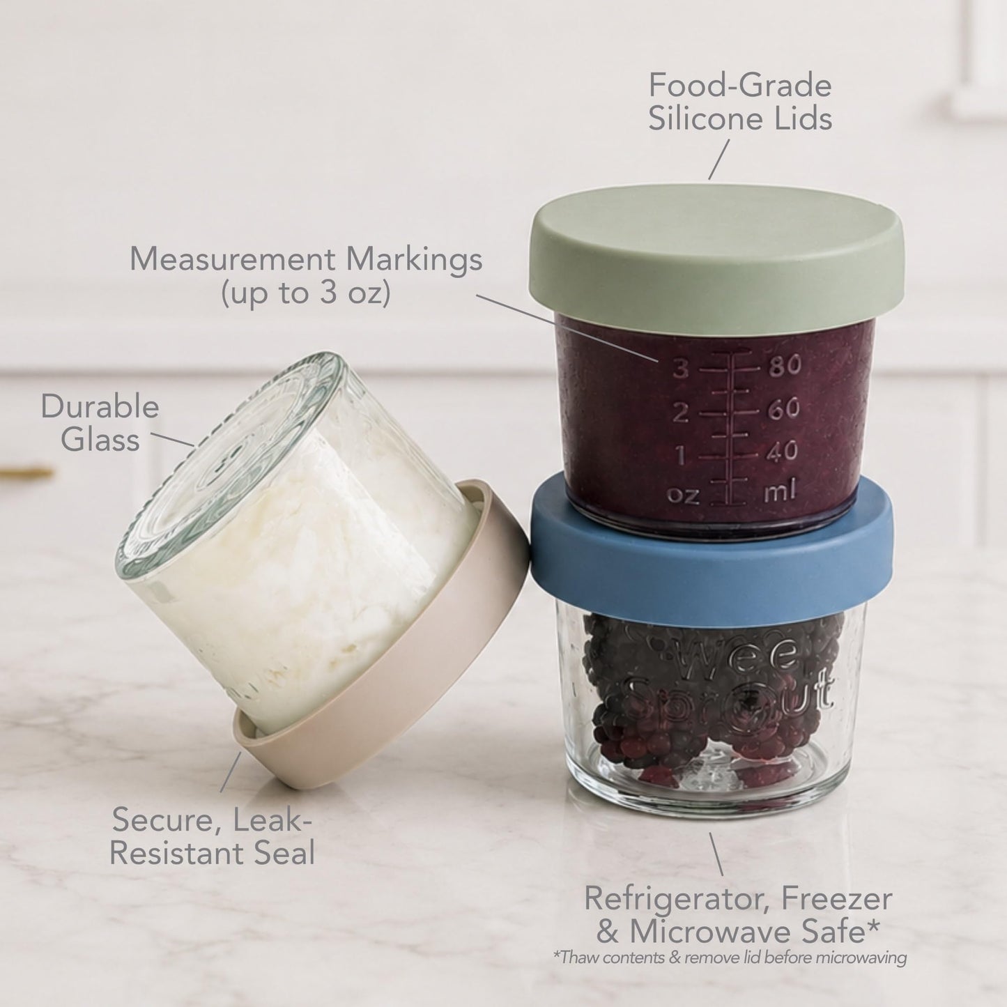 WeeSprout - Frascos de Vidrio para Almacenamiento de Alimentos para Bebés con Tapas (4 onzas, juego de 12 unidades) aperitivos, puré, recipientes pequeños reutilizables, leche materna, nevera o