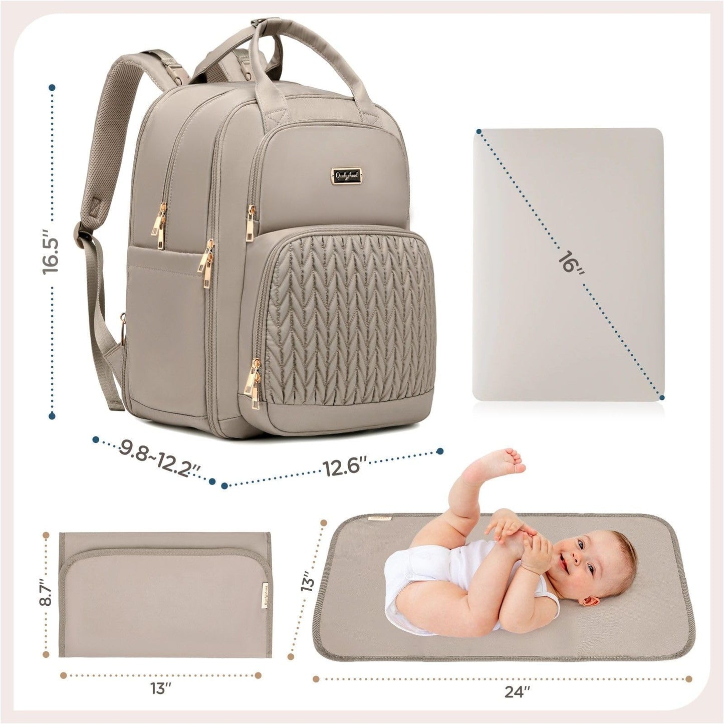 Qualyphant Mochila para pañales - Mochila para pañales extragrande para dos niños gemelos (expandible 30-38L) - Mochila de viaje para bebé con cambiador para mamá y papá (acolchada, resistente al agua