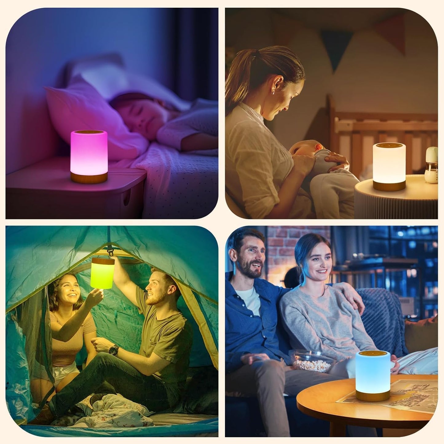 Lámpara de Noche, Sepper Lámpara de Mesita de Noche USB Recargable Regulable, 5 Niveles de Brillo 256 Colores RGB, Control Remoto y Control Tactil Lampara Ambiente Lámpara de Mesa para Decoración
