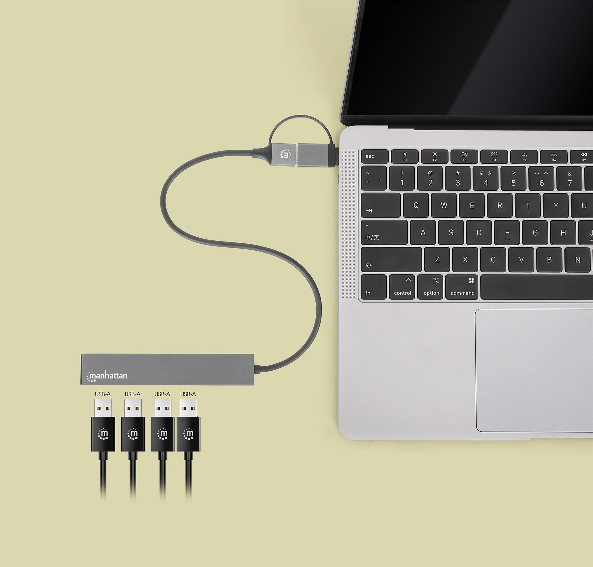 MANHATTAN Hub USB 181006 con 4 Puertos USB 3.2 Gen 1, con Conector Adaptable de USB-A a USB-C, SuperVelocidad de 5 Gbps, Alimentación por Bus, Fabricado en Aluminio, Gris Espacial