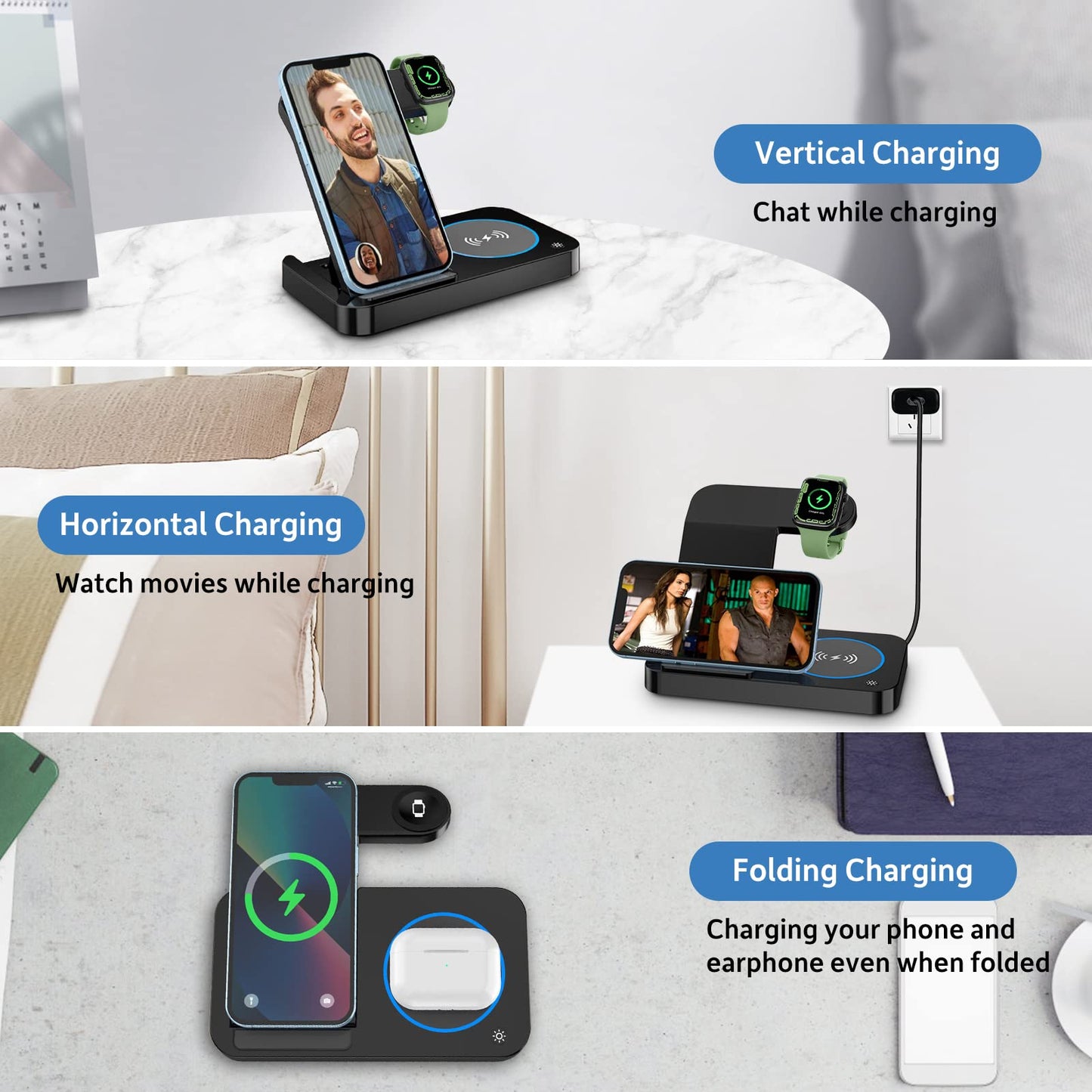 Carga Inalámbrico, 4 en 1 Estación de Carga Inalámbrico con 18W Qi Carga para iPhone 16/15/14/13/12/11,Samsung, Huawei, Airpods 3/2/Pro,Cargador Magnético de Reloj para Apple Watch 9/8/7/6/5/4/3/Ultra