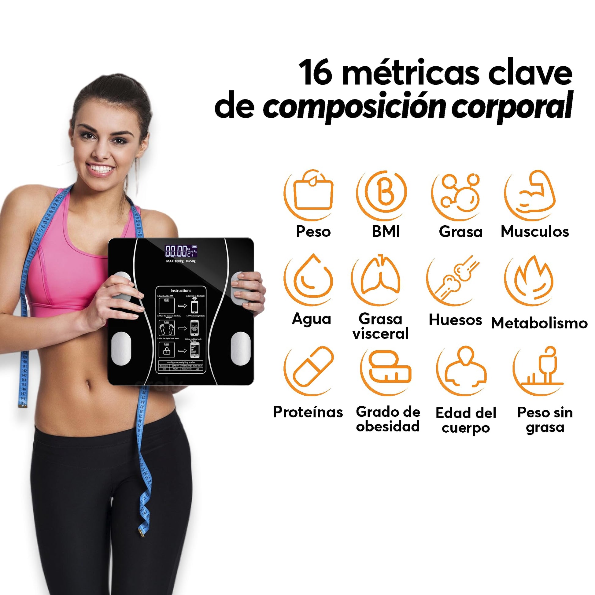 Báscula Digital Archy Inteligente Negra con Analizador de Composición Corporal y App Bluetooth Compatible Android y iOS