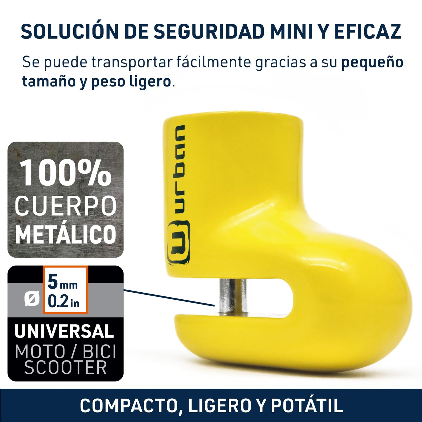 URBAN 564A - Candado de disco de motocicleta más compacto, ø5 mm, ligero y portátil, más visible, más disuasorio, acero, cerradura de freno universal antirrobo para motocicleta, scooter, bicicleta