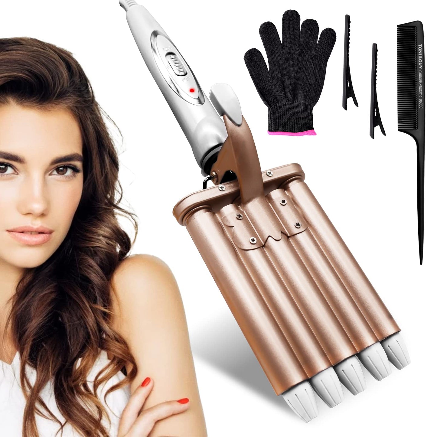 Rizador de Pelo, Ondas Cerámica con Temperatura Ajustable, Cinco Tubo Rizador de Cabello de 22mm, se Calienta Rápidamente para Mujer Cabello Largo/Corto y Viajero Regalo