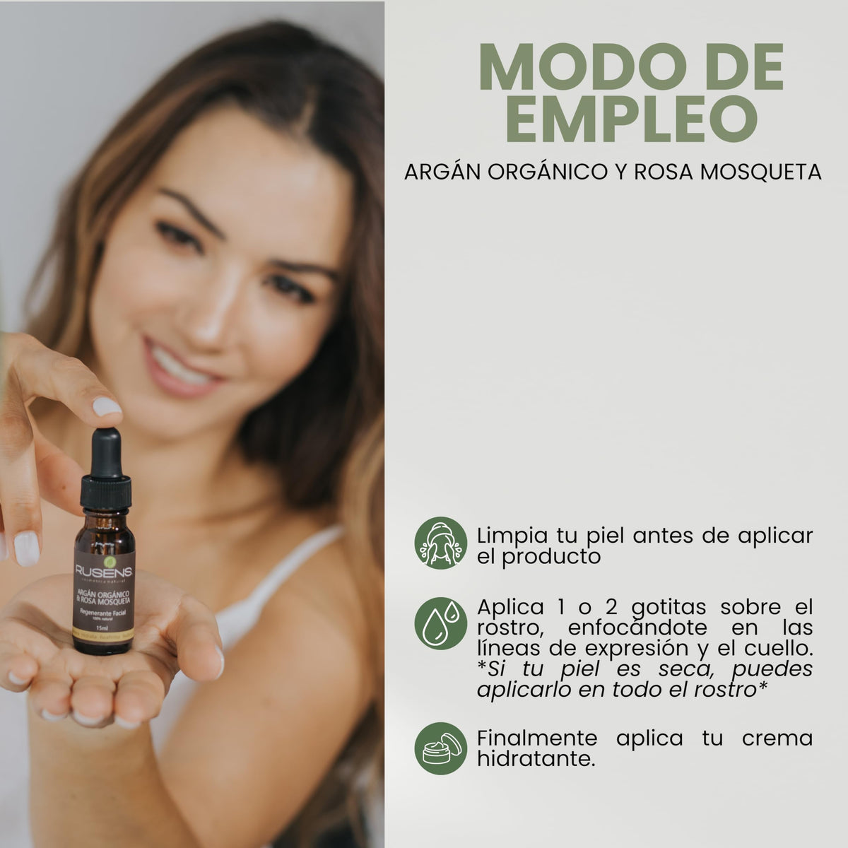 Rusens - Aceite Regenerante y Antiedad de Argán Orgánico y Rosa mosqueta 100% natural, Disminuye Líneas de Expresión y Regenera la Piel