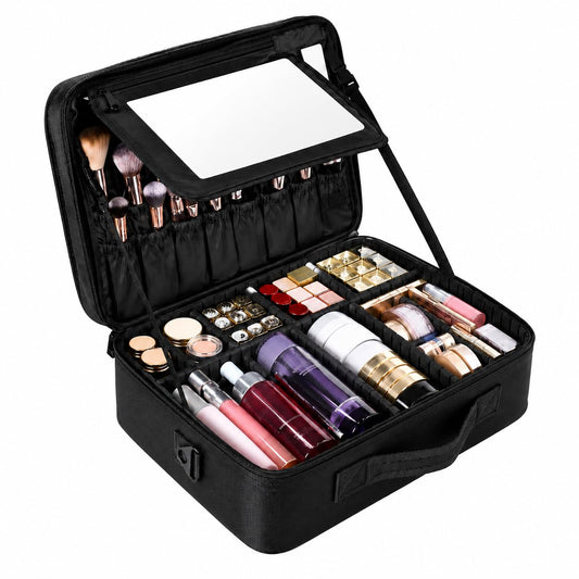 Estuche de Maquillaje 43x31x17cm, Bolsa para Maquillaje, Cosmetiquera para Maquillaje, XL Grande de Viaje 3 Capas con Espejo, Impermeable con Divisor Ajustable, para Pinceles y Herramientas de Belleza