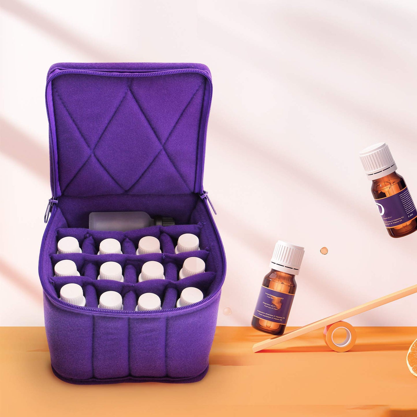 Weljoy - Estuche de transporte de aceite esencial de 13 botellas para botellas de 100 ml, 30 ml, bolsa de viaje con espacio ajustable para botellas enrollables y goteros, lápiz labial, Púrpura, 5.9 x