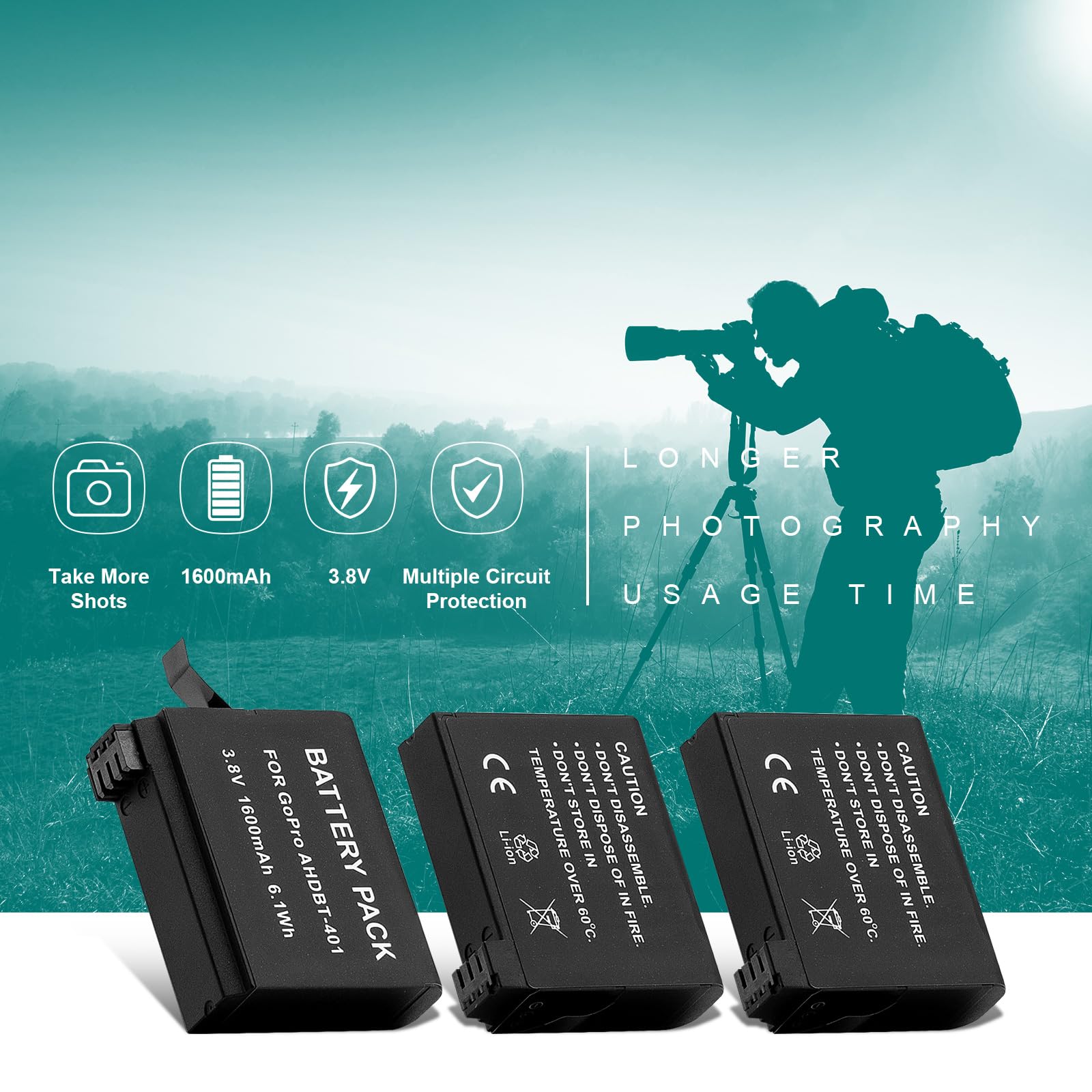 BCMCZCDC - Paquete de 3 baterías digitales AHDBT-401 AHDBT401 AHBBP-401 y cargador USB dual AHDBT 401 para cámara GoPro Hero4 HERO4