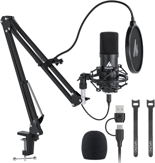 MAONO Kit Micrófono USB Condensador, Mic Cardioide con Chipset de Sonido Profesional 192KHZ/24BIT Plug & Play para PC, Mac, PS4, Microfono para Gamer, Streaming, Podcast, Youtube, Grabación(AU-A04)