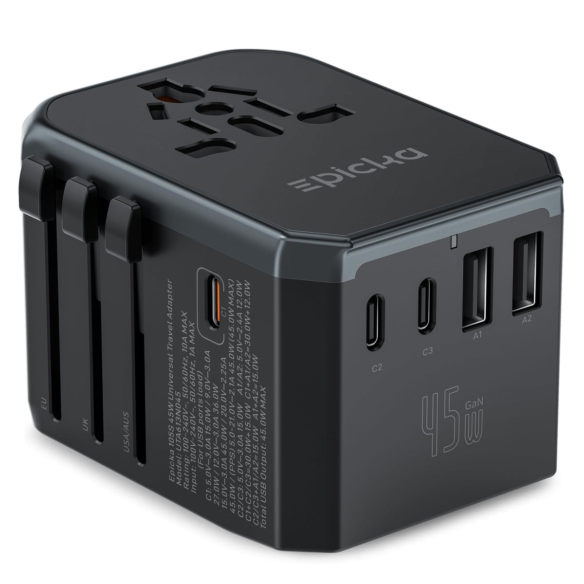 Adaptador de Viaje Universal EPICKA GaN 45W Europeo con Carga Rápida PD&QC