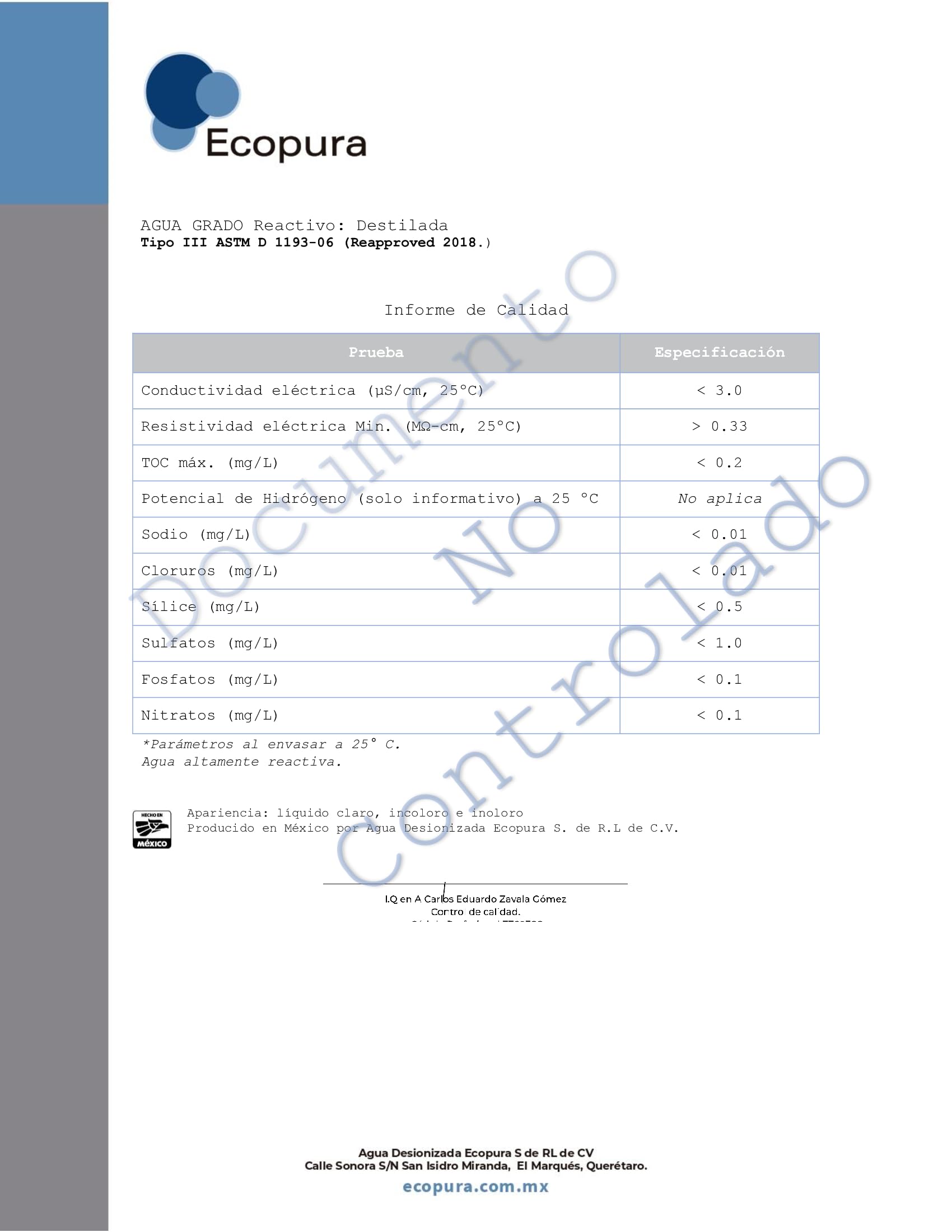 Agua Destilada ECOPURA Transparente Calidad Certificada Caja 12 Piezas