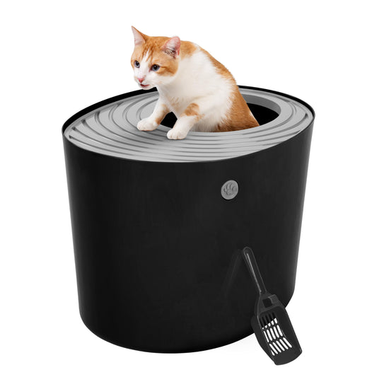 IRIS USA Gran arenero para gatos con entrada superior y pala, elegante caja redonda para gatos, arenero para gatitos, Negro/Gris