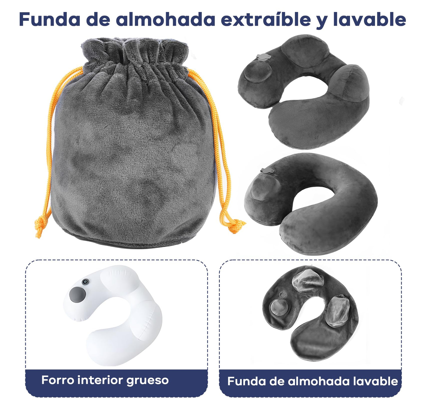 Almohada de Viaje, Almohada de Cuello, Almohada Inflable Desinflado con Máscara de Ojos, Tapones para los oídos Ruidosos, Bolsa con Cordón, Soporte de Cuello, para Avión, Oficina, Automóviles y Hogar