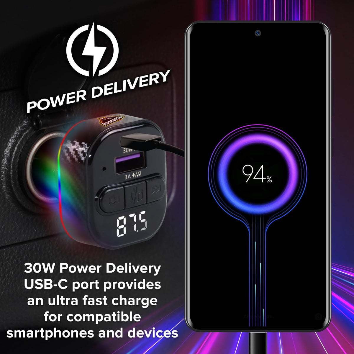 Transmisor FM Bluetooth Armor All Negro con Cargador Rápido USB para Llamadas Manos Libres