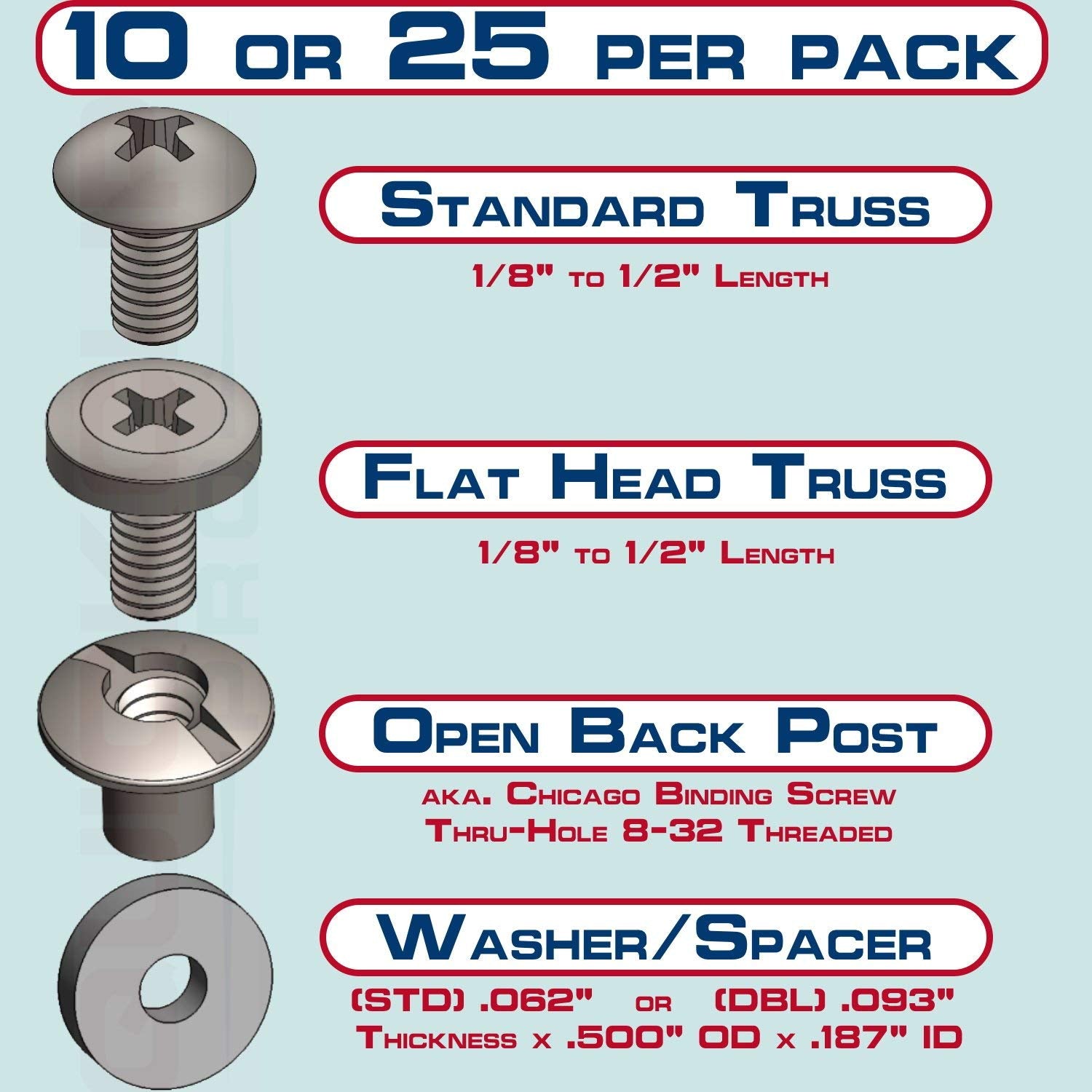 Tornillo negro Chicago – Kit de encuadernación de poste 1/8, 1/4, 3/8, 1/2 abierto ranurado trasero + arandelas de goma, Phillips Truss Head QuickClipPro Kydex funda de piel, Negro, 3/8" - 10 Pack DBL-Washer