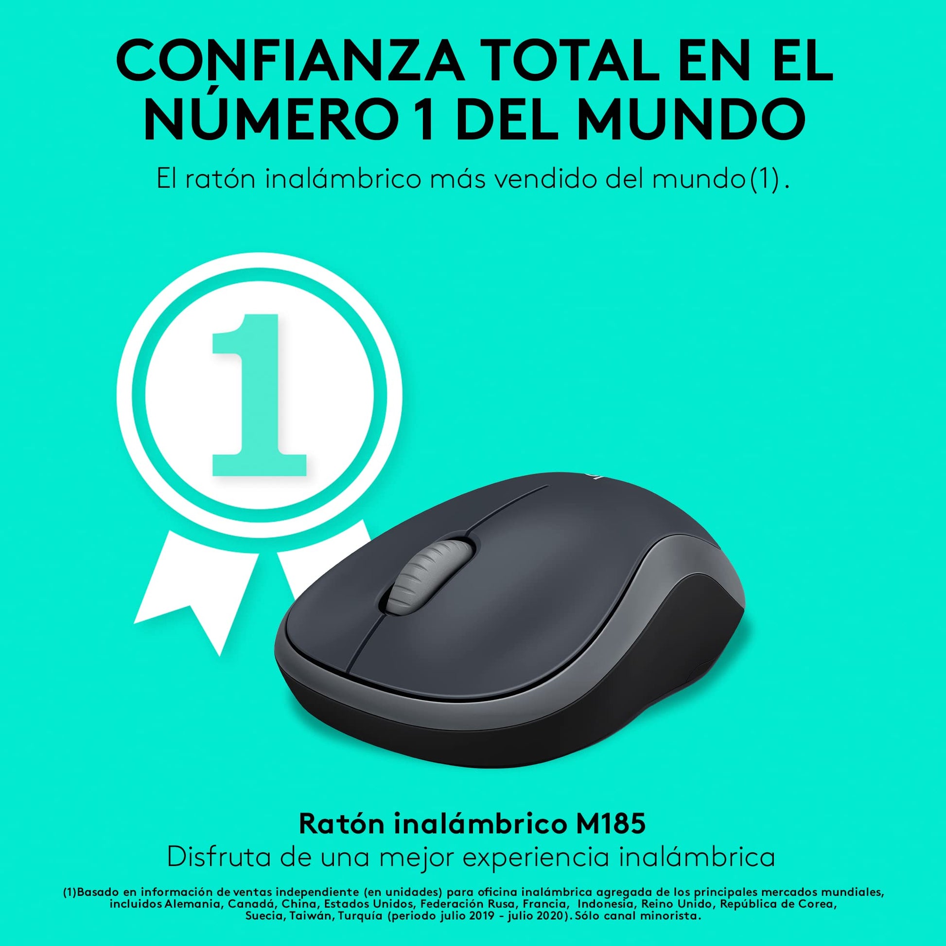 Logitech M185 Mouse Inalámbrico, 2.4GHz con Mini Receptor USB, Batería de 12 Meses, Seguimiento Óptico con Resolución de 1000 dpi, Ambidiestro, Compatible con PC, Mac, Laptop - Negro/Gris