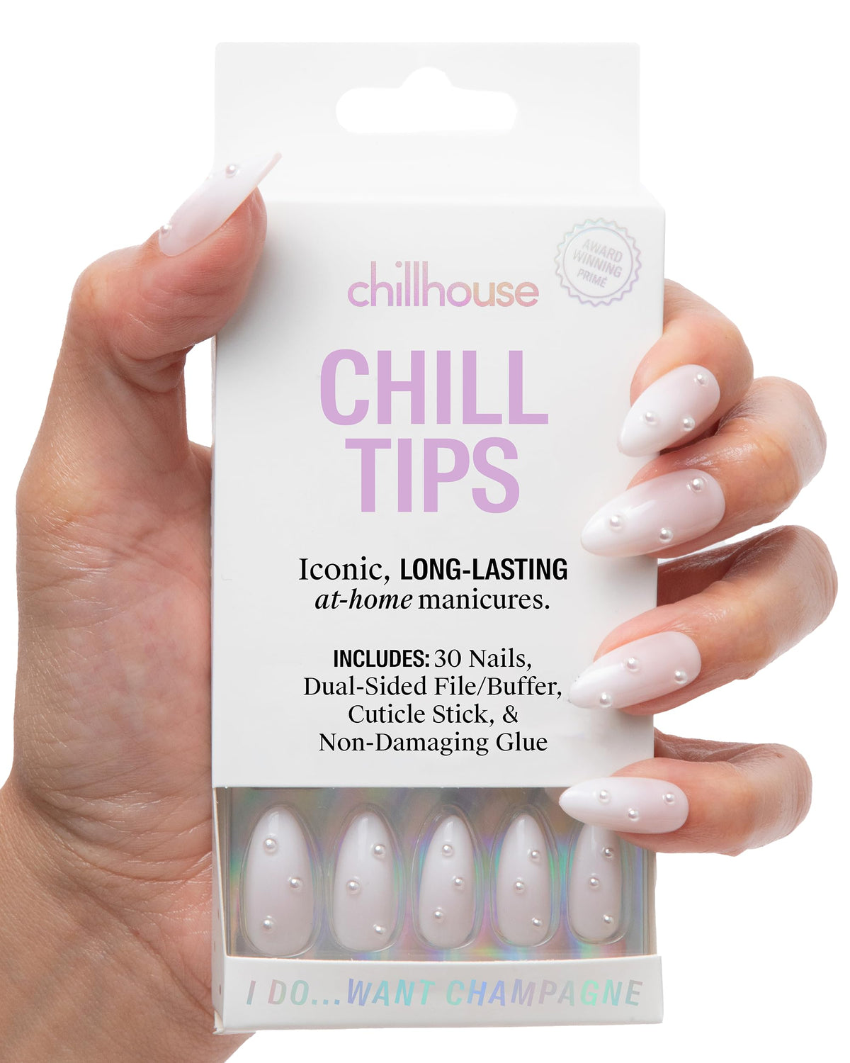 Chillhouse - Kit de uñas postizas Chill Tips - I Do Want Champagne (Almendra) - 30 formas y tamaños de uñas - Hasta 2 semanas de uso - Personalizable - Reutilizable - Fundada por latinas, propiedad de