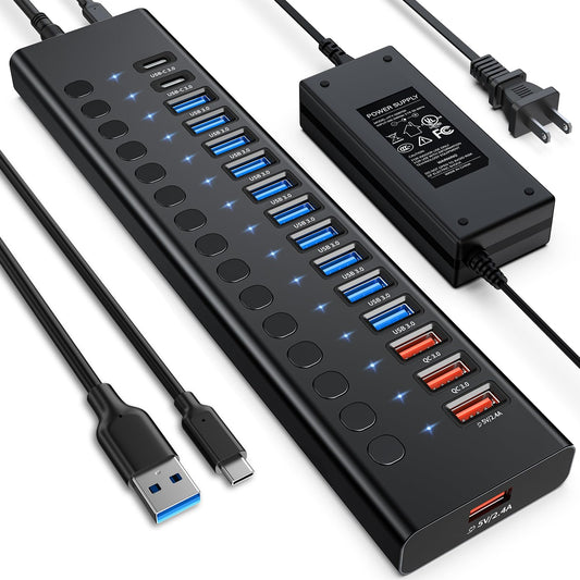 Hub USB 3.0 con alimentación, divisor de concentrador USB C de 16 puertos (10 USB 3.0+2 QC 3.0+2 carga inteligente +2 USB-C 3.0) con interruptores individuales, adaptador de corriente certificado UL