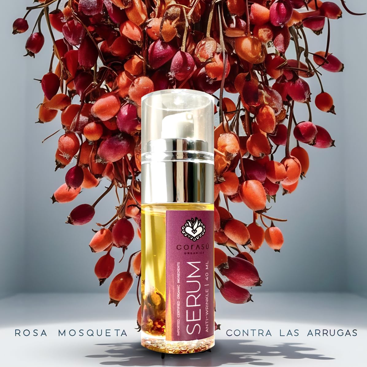 CORASÚ SÉRUM facial antiarrugas 40ml | 100% NATURAL | ORGÁNICO | Con rosa mosqueta, helicriso (la flor de la eterna juventud) y extractos vegetales antioxidantes y regenerantes | NO deja sensación grasosa | Piel SEDOSA y RADIANTE | NUTRE. REGENERA. SUAVIZ