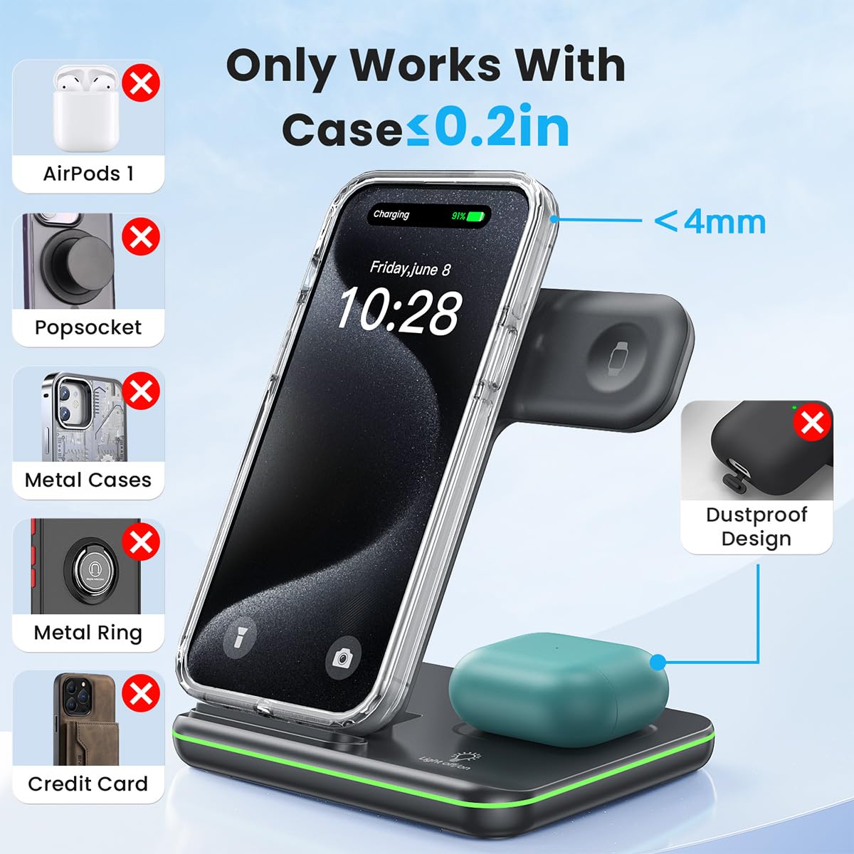 WAITIEE Cargador inalámbrico 3 en 1, estación de Carga rápida de 15 W para Apple Watch 9/8/Ultra 2/Ultra/SE/7/6/5/4/3/2, para AirPods 3/2/1/Pro/Pro 2, para iPhone 15/14/13/Plus/Pro/Pro