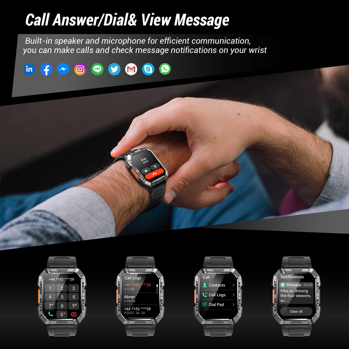 Reloj Inteligente Militar IOWODO Negro con Brújula y Llamadas para Hombre