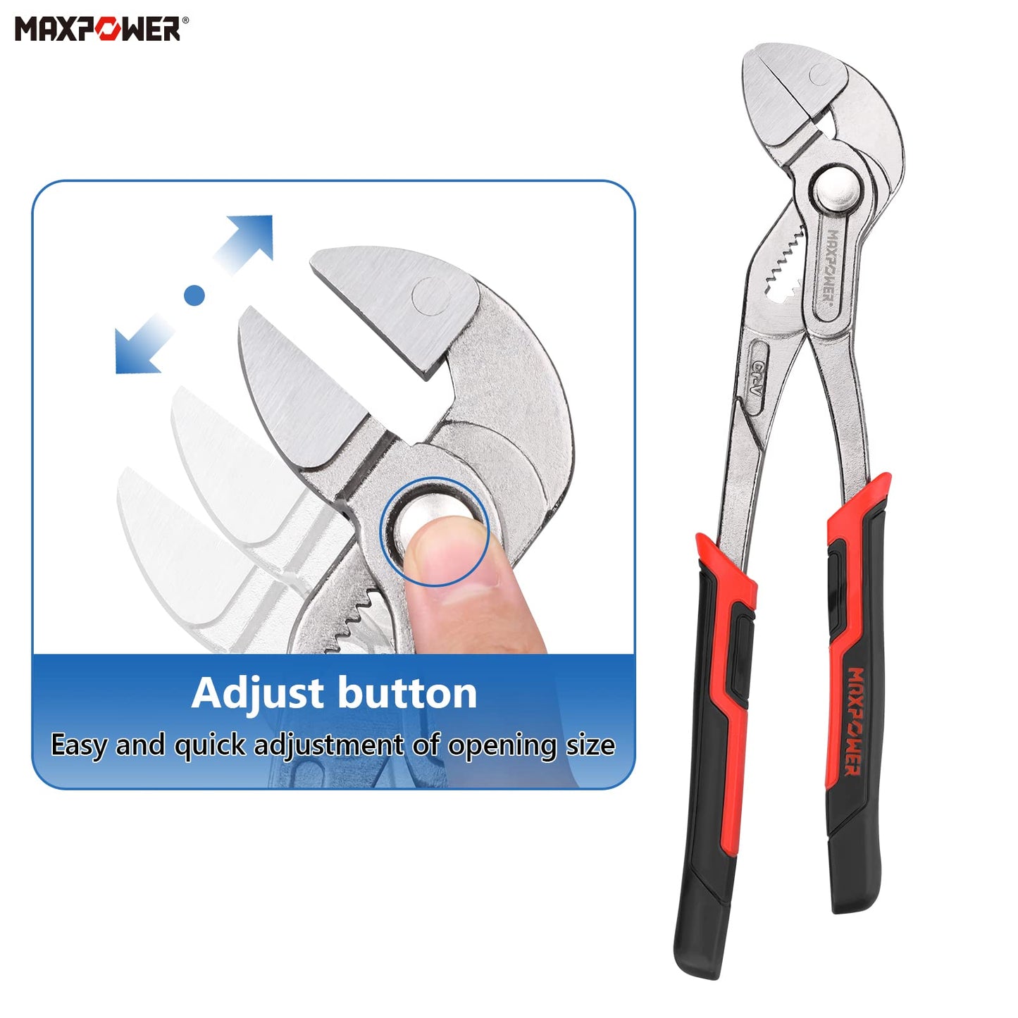 MAXPOWER - Alicates para bomba de agua de 10 pulgadas, botón de ajuste rápido, apertura máxima de mandíbula de 32 mm, alicates para reparación del hogar, tuberías y accesorios