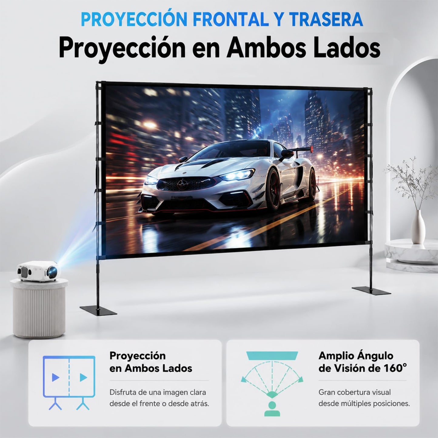 UDUEUD Pantalla para Proyector de 100 Pulgadas，Pantalla de Proyección de Alta Definición 4K，Soporte de Acero Mejorado, con Soporte, Proyección Doble Cara, para Hogar, Exterior, Bodas y Reuniones