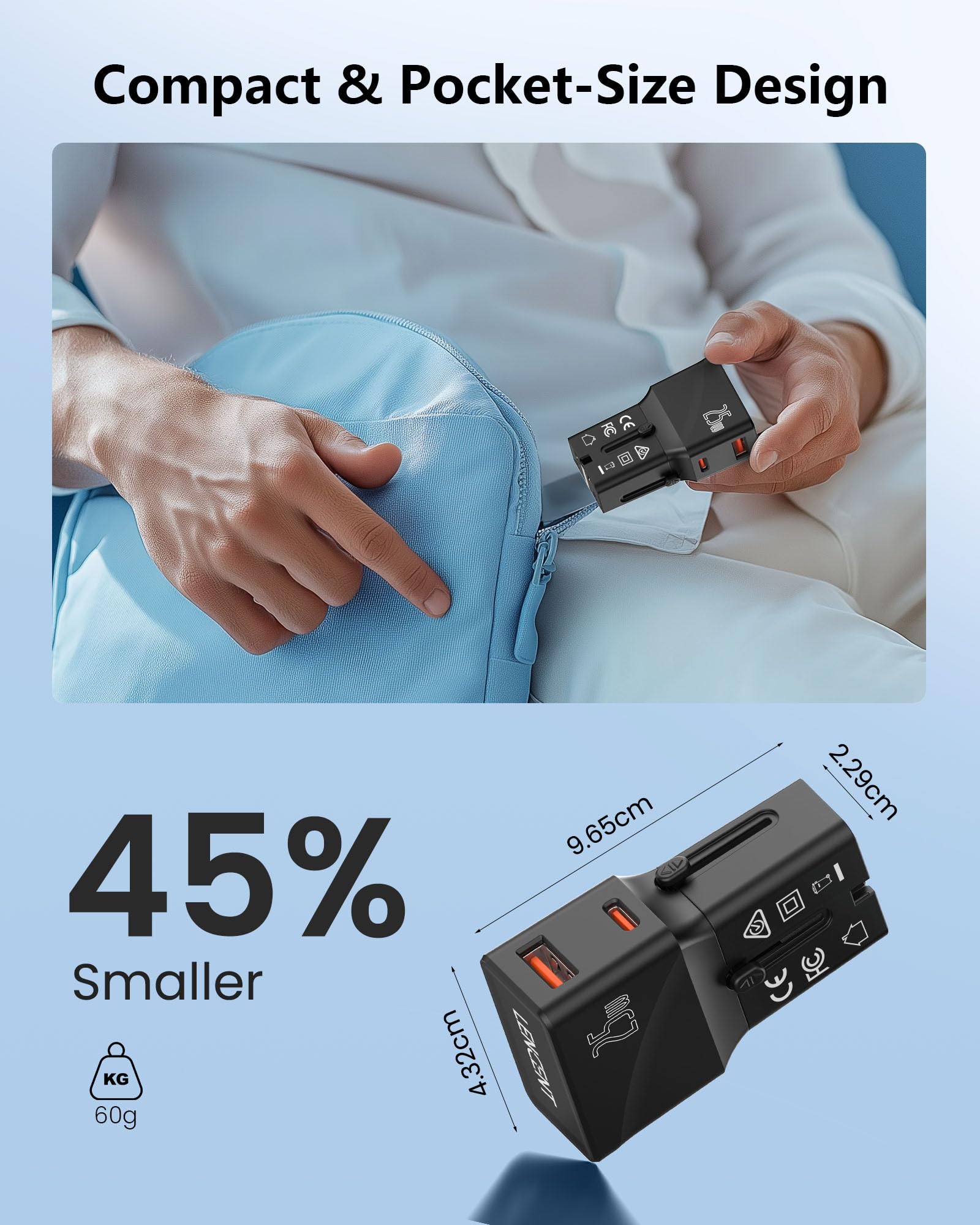 LENCENT Adaptador de Viaje Internacional, Cargadores USB C, Carga Rápida PD 25W & QC 3.0 Tipo C, Cargador de Pared, Adaptador de Enchufe Universal para EU/UK/EE.UU./AUS