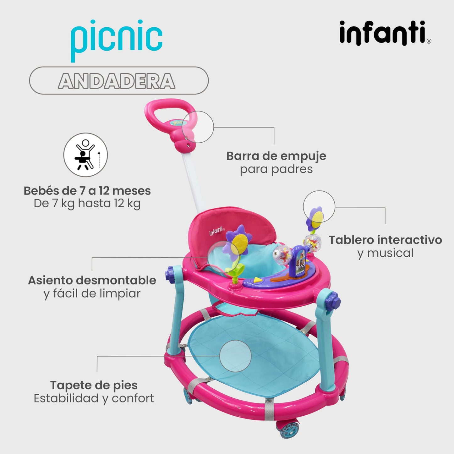 INFANTI | Andadera para Bebe - Juguetes para Niña | Juguetes para Niña - Juguetes para Bebe | Andador para Bebe | Con Paseador y Juguetero Musical - Cosas para Bebes