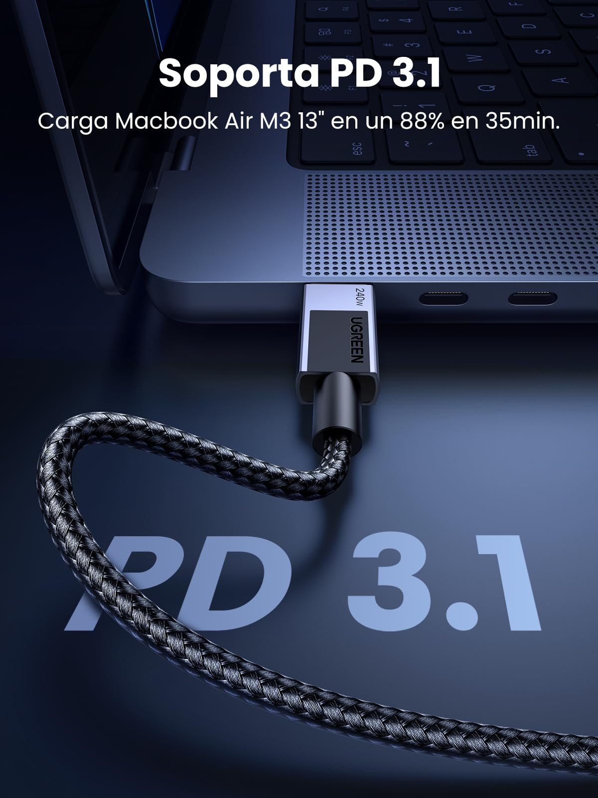 Cable USB C a C UGREEN 240W 2M Carga Rápida PD 3.1 para iPhone y Galaxy