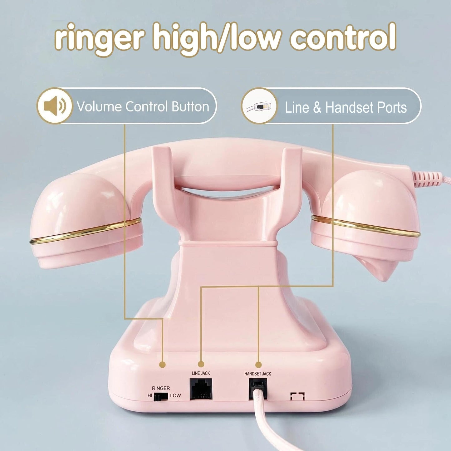 Teléfonos de teléfono fijo retro rosado, teléfono clásico con cable con timbre fuerte y remarcado, teléfono de computadora clásico para el hogar, oficina, hotel, escuela, teléfono antiguo decorativo