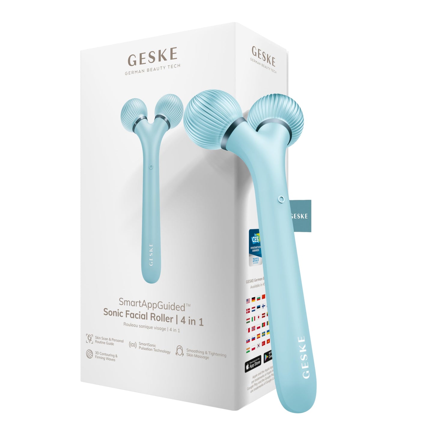 GESKE | Rodillo facial sónico SmartAppGuided™ | 4 en 1 | rodillo derma | dispositivo para la cara | rodillo derma | Rodillo facial profesional | Reafirma y define la piel del rostro