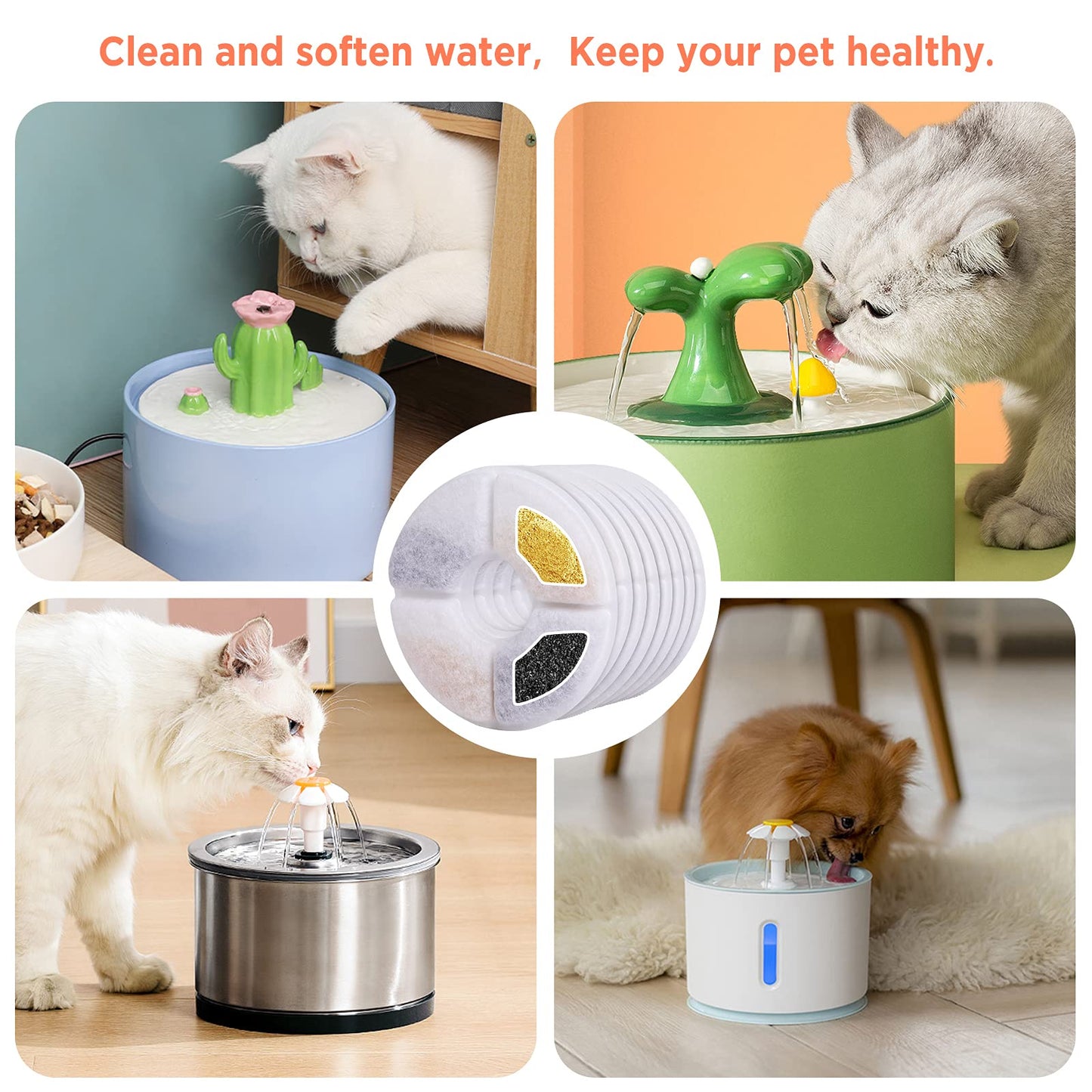 Bigqin 8 Piezas Filtros Fuente para Gatos, Filtro de Repuesto para Fuente Agua para Mascotas con Resina y Carbón Activado Filtro Fuente, para Dispensador Agua Automático Fuente para Beber