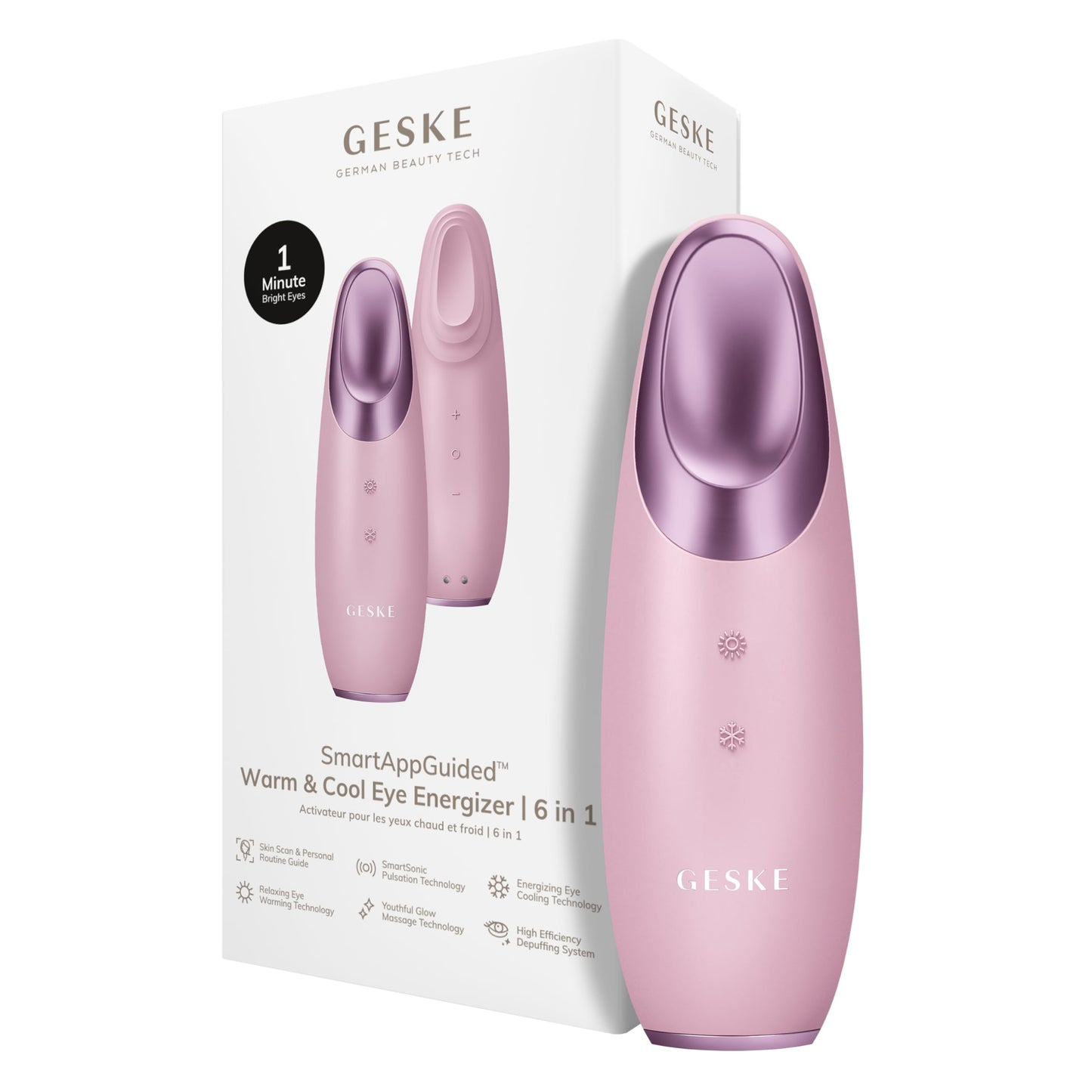 GESKE | SmartAppGuided™ Warm & Cool Eye Energizer | 6 en 1 | Masajeador de ojos | Masajeador anti ojeras | Eliminar bolsas y párpados caídos | Masaje ocular eléctrico