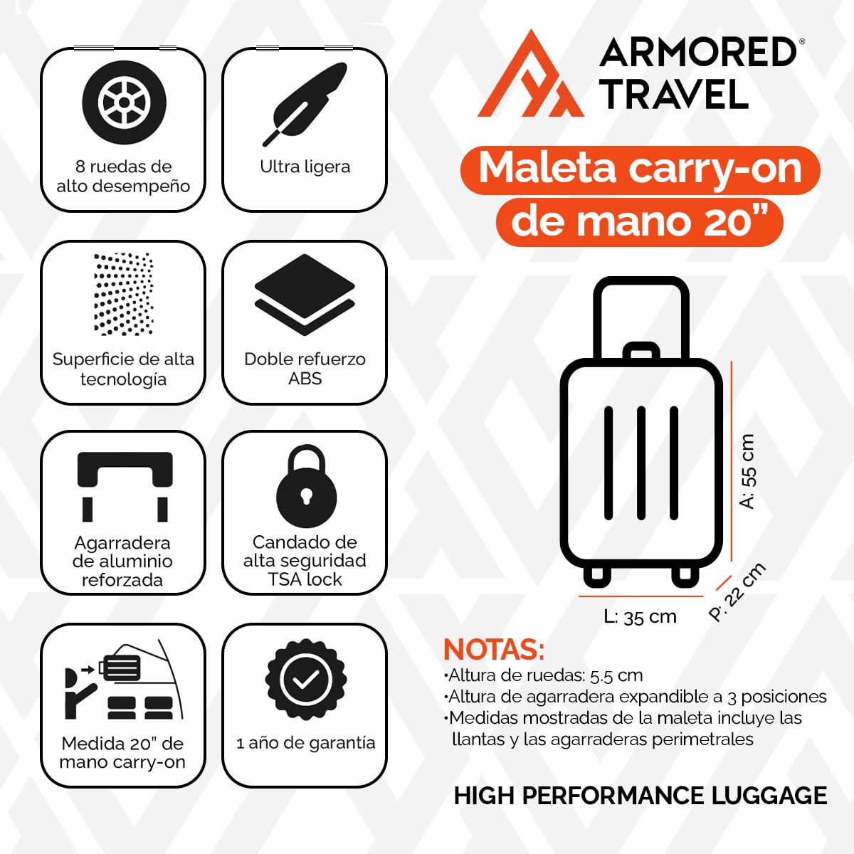 Maleta De Viaje Carry On 20" de Mano Cabina 10kg Rígida Doble Refuerzo Con * TSA Lock * Luggage suitcase Armored Travel (Gris)