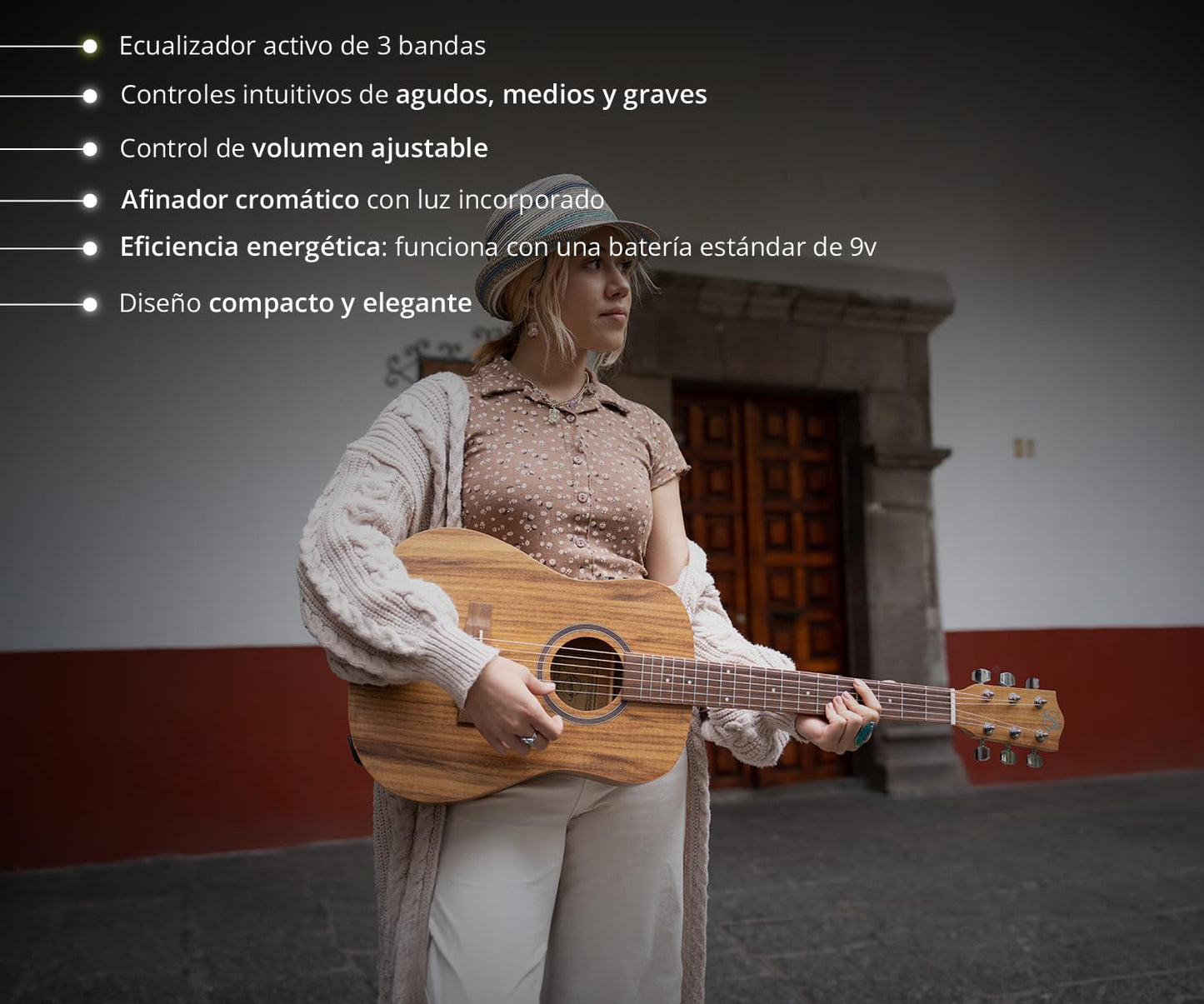 BAMBOO, Guitarra Electroacustica Travel Koa con Funda Negra, 34 pulgadas, madera Koa