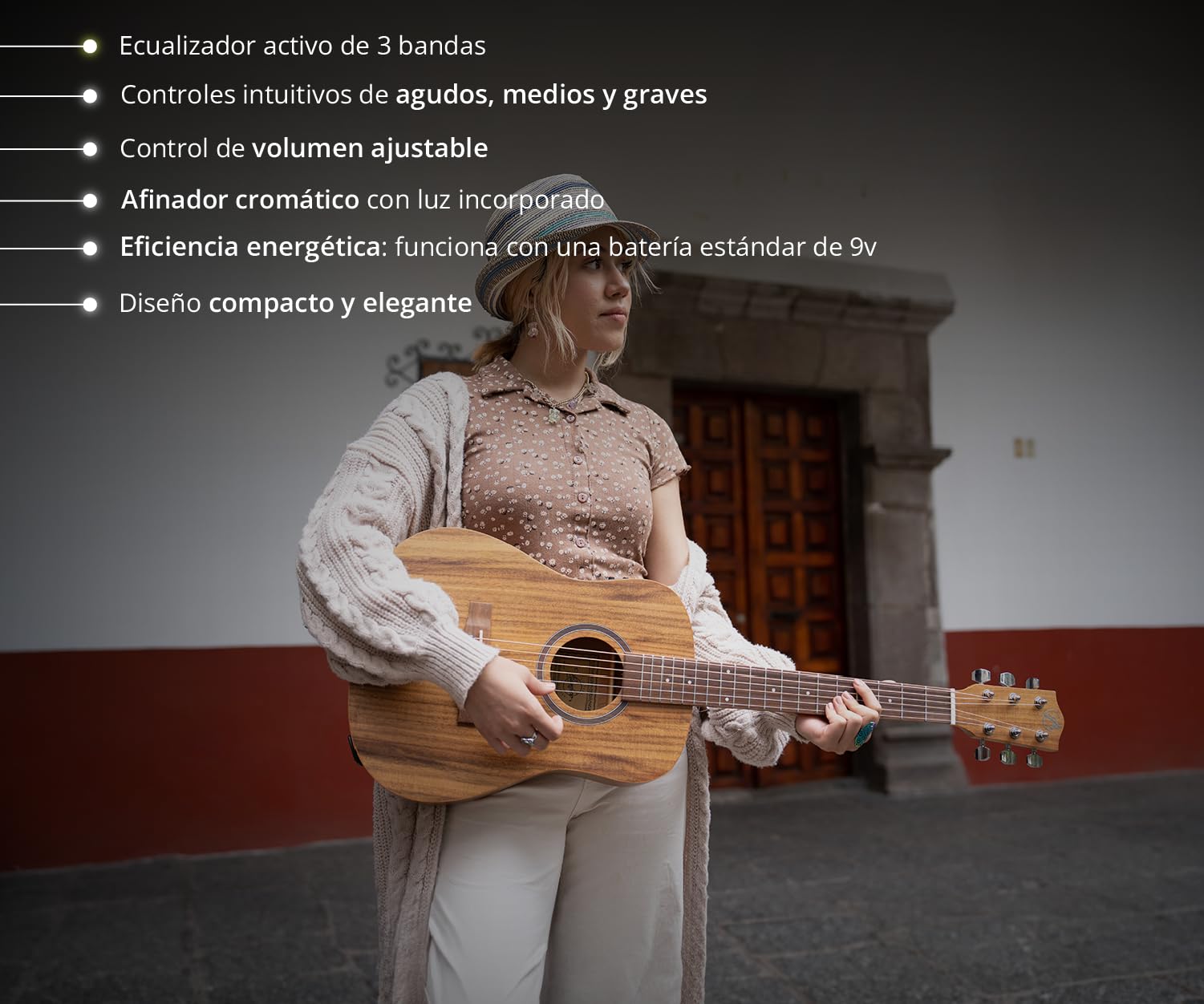 BAMBOO, Guitarra Electroacustica Travel Koa con Funda Negra, 34 pulgadas, madera Koa