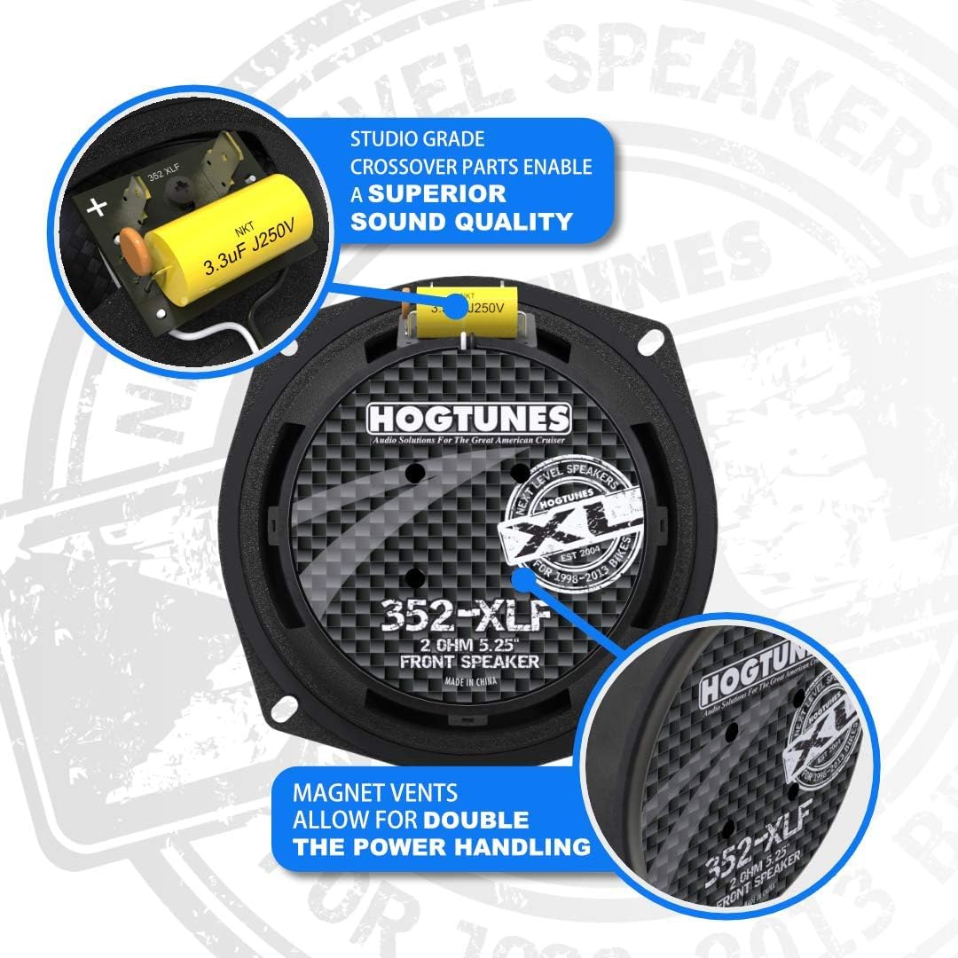 Hogtunes 352-XLF Altavoces frontales de alto rendimiento de la serie XL de 5.25 pulgadas con parrillas (paquete de 2), se adapta a motocicletas Harley-Davidson 1998-2013