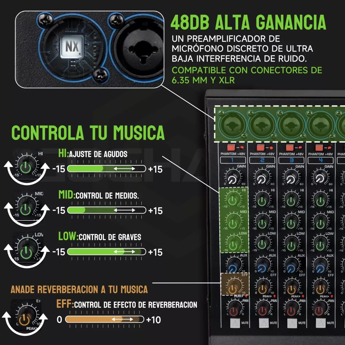 GOCHANMI NX600 Mezcladora de Audio 6 Canales 99 DSP Efectos Preamplificador Mixer USB Interfaz Bluetooth con independiente 48V Alimentación Fantasma y un ecualizador de 7 segmentos