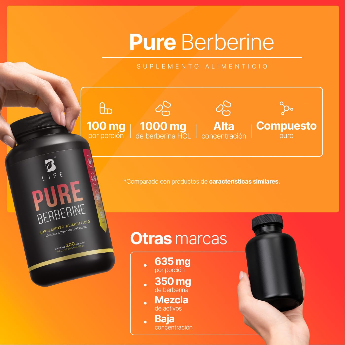 B Life Berberina HCL Pura 1000 mg | 200 Cápsulas | Ingredientes Naturales | Pure Berberine.