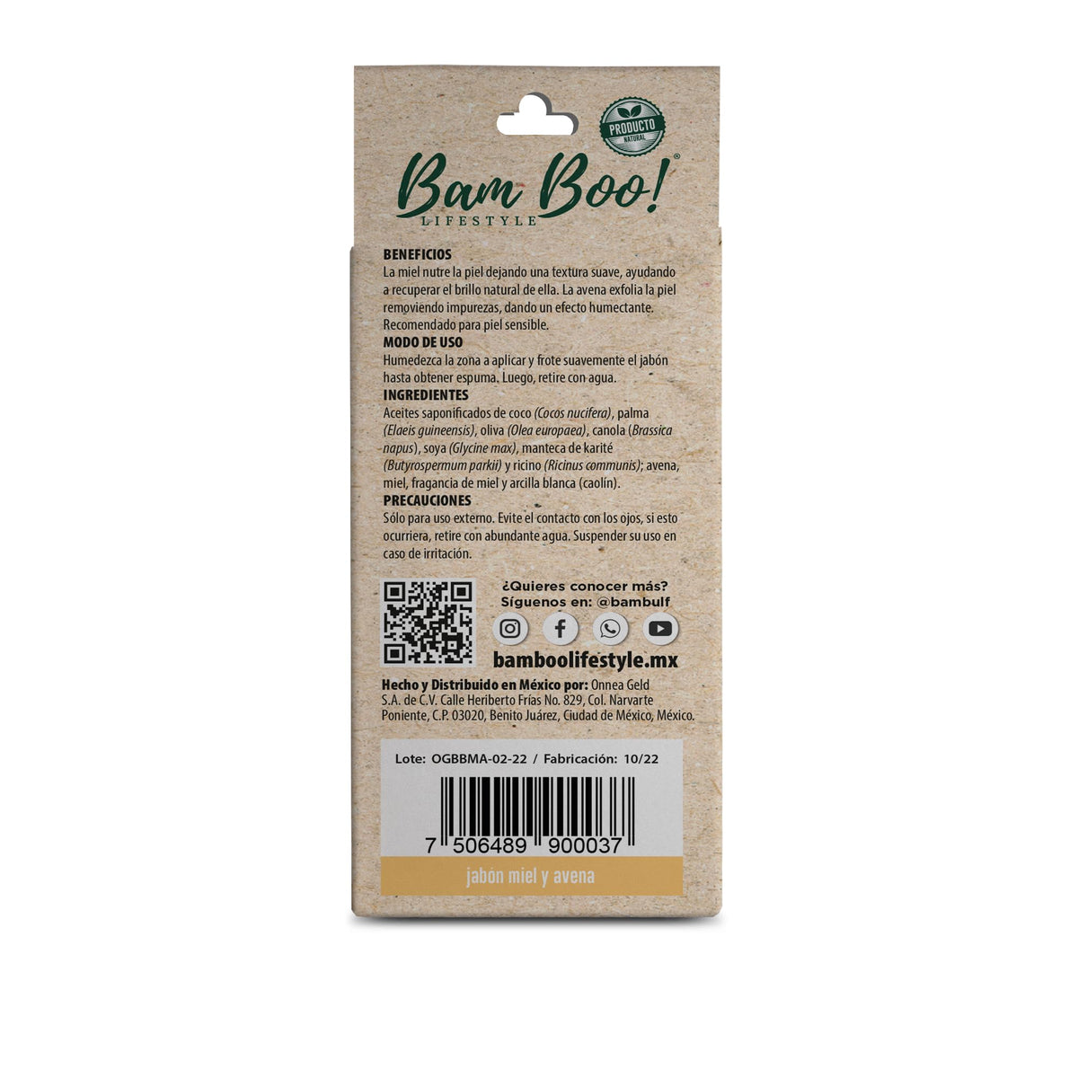 5 Pack Jabón Artesanal Natural Miel y Avena 100 G Bam Boo!