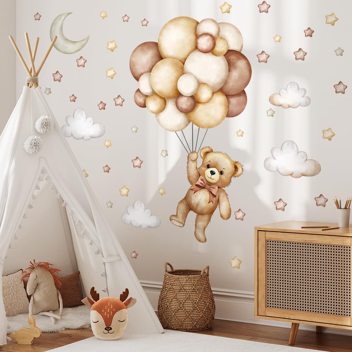 Calcomanías de pared de oso de peluche, globos de aire, estrella, luna, nube, pegatinas de pared para habitación de niños, niñas y niños, habitación de bebé, decoración de cuarto de bebé (calcomanía