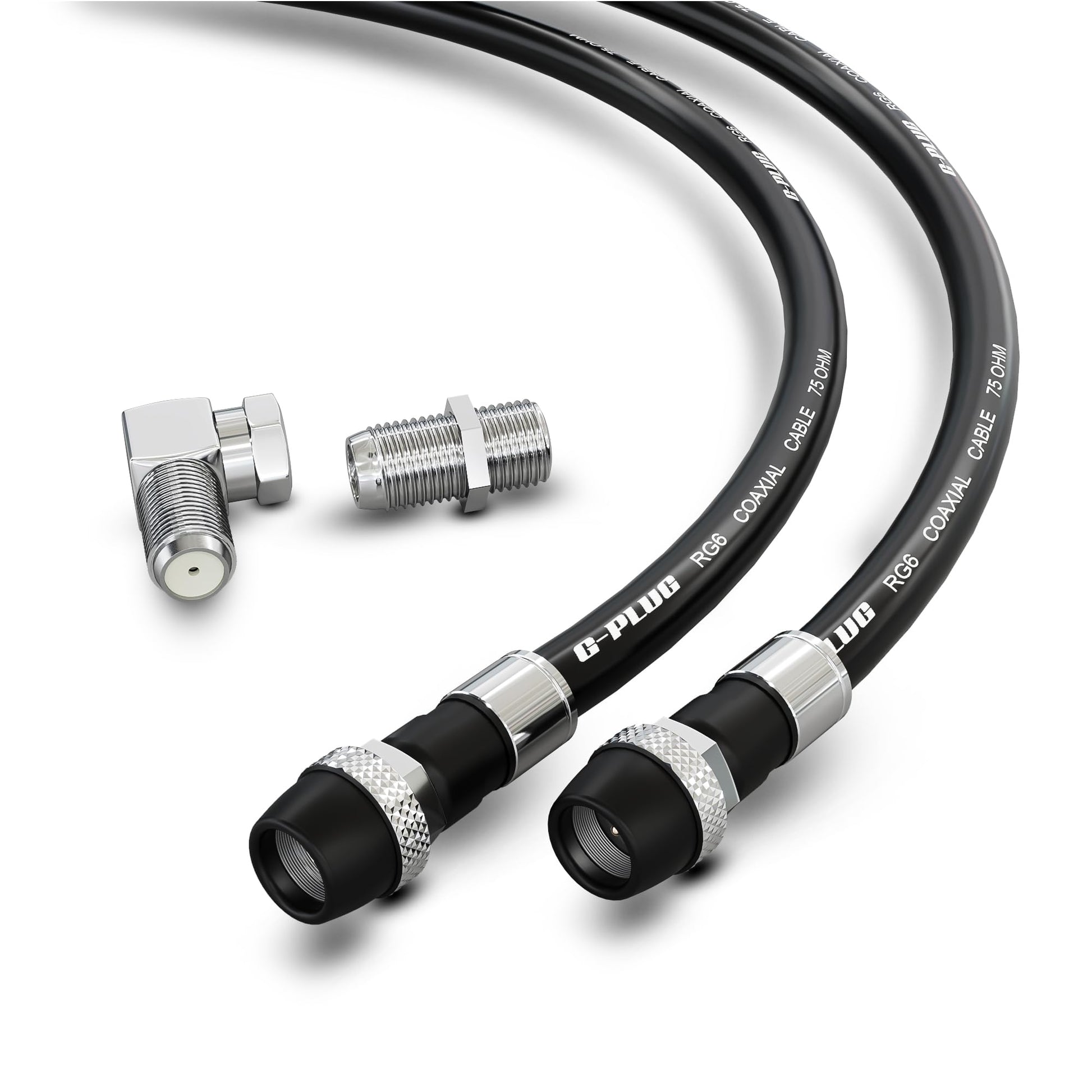 G-PLUG Cable Coaxial RG6 75 Ohm, Triple Blindaje, Impermeable, Conectores F Tipo Macho a Macho, Cable Antena TV, Satelital e Internet Banda Ancha, Incluye Acoplador F81, Negro